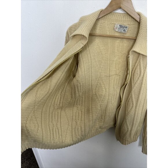 Vintage White Ram Cable Knit Woman M Wool Cardigan Zip Fisherman 70s - Picture 7 of 7